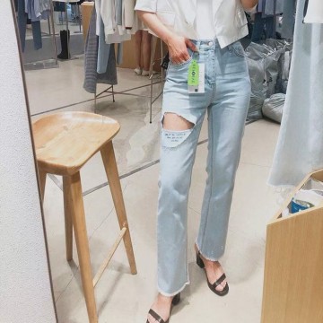PLAYBUTTON S/S 2021 女裝破洞夏天面料牛仔褲